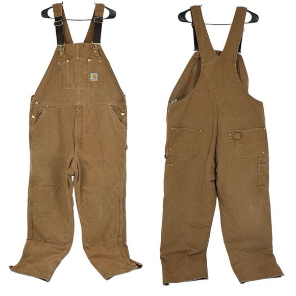 Carhartt R02 BRN Bib Overalls Mens 46x30 Brown Duck Insulated Double Knee Work - Picture 1 of 16